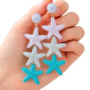 Raffia Starfish Tiered Dangle Earrings | Blue Ombre Boho Beach Tropical NWT
C3